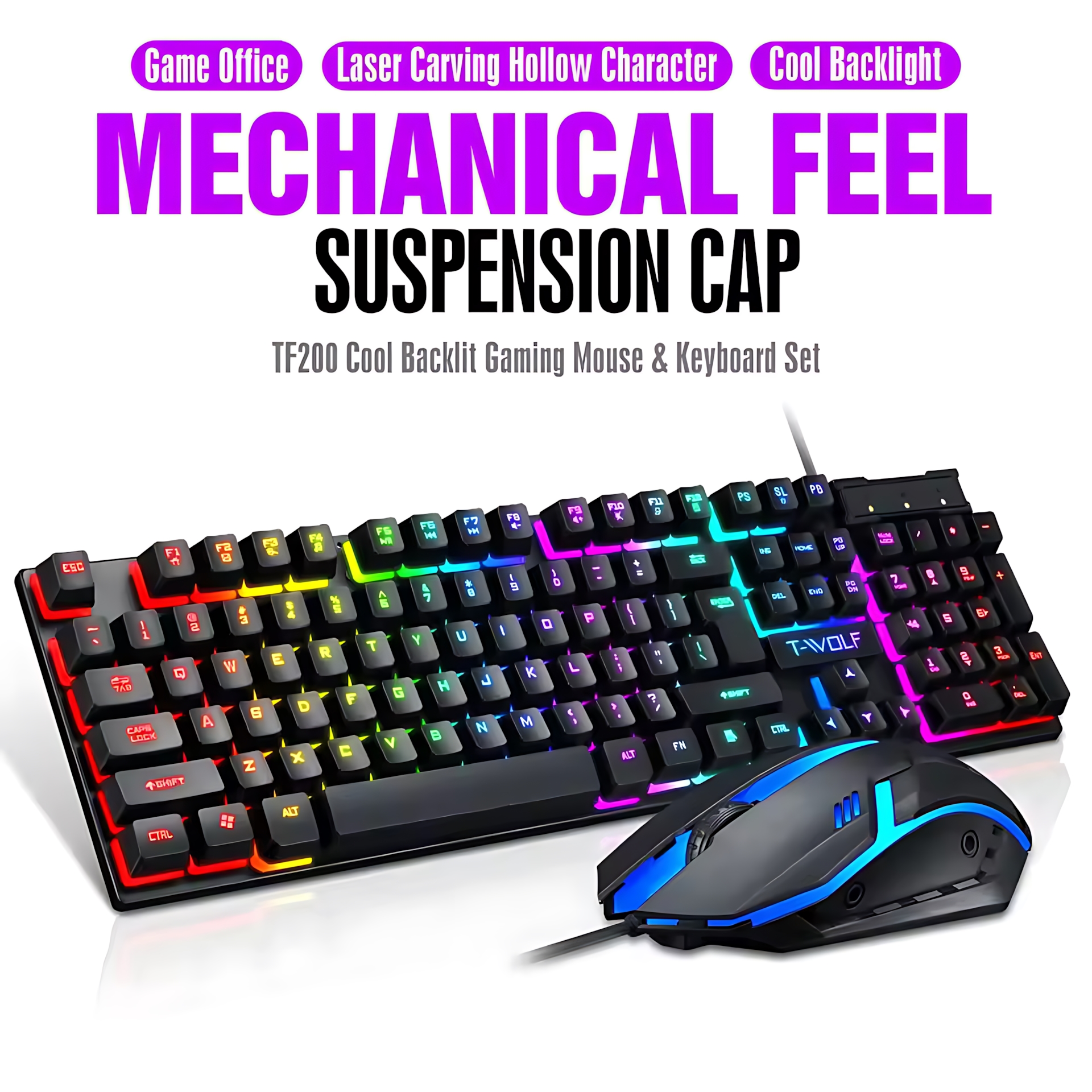 Gaming Keyboard And Mouse Combo - Rainbow Backlit Wired Keyboard and Mouse,Floating